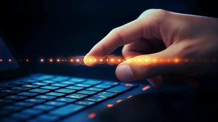 human operating future computer, symbol of IT company and technological progress, close up shot of hands operating computer