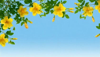 yellow bells flowers green leaves blue sky background tecoma trumpet bush beautiful flower branch...