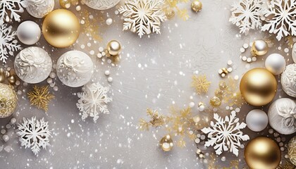 Fototapeta na wymiar festive christmas background with white and gold snowflakes and pearls