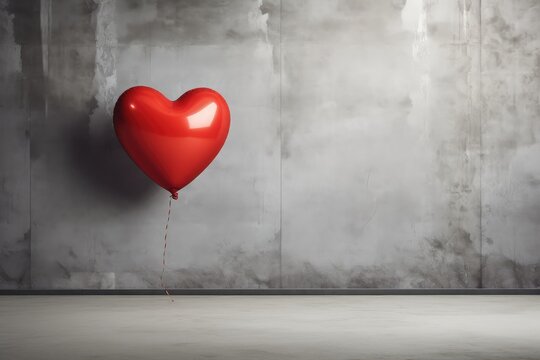 Solitary Red Heart-Shaped Balloon Against a Gray Concrete Backdrop - A Touch of Romance - Generative AI