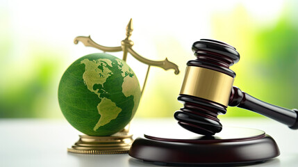 A judge's gavel with a green globe on top, depicts a unique and global perspective on justice, ideal for environmental law, global justice, or sustainable development concept designs.