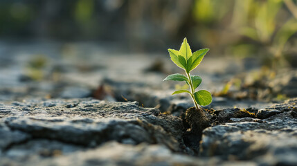 Young plant sprouting through rocky ground. - obrazy, fototapety, plakaty