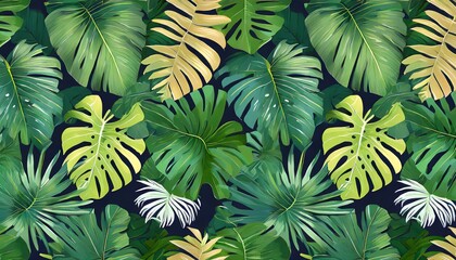 botanical illustration tropical seamless pattern rainforest jungle palm leaves monstera colocasia banana hand drawing for design of fabric paper wallpaper notebook covers
