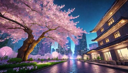 fantasy night city japanese landscape neon light residential buildings big sakura tree night urban...