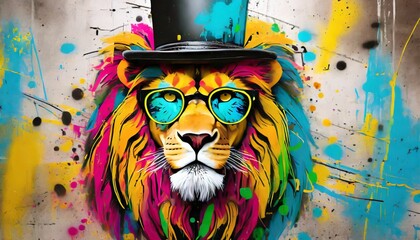 colorful graffiti style lion with top hat and glasses illustration