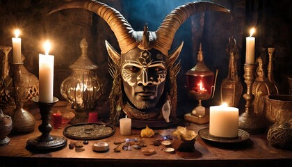 magical composition with the head of a horned demon candle and other ritual accessories