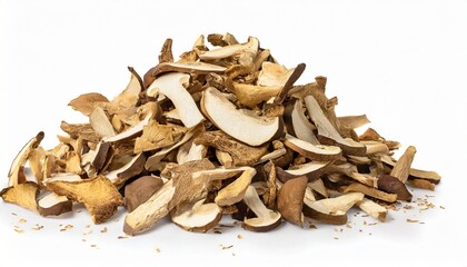 edible dried mushrooms pile on white background isolated close up heap of dry boletus edulis chopped brown cap boletus sliced penny bun pieces of cep porcino or porcini cutted white fungus - obrazy, fototapety, plakaty