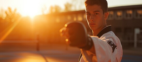 Sunrise taekwondo expert in black belt. - obrazy, fototapety, plakaty