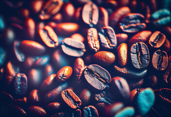 Coffee beans close up in the style of cross of cross processing. - obrazy, fototapety, plakaty