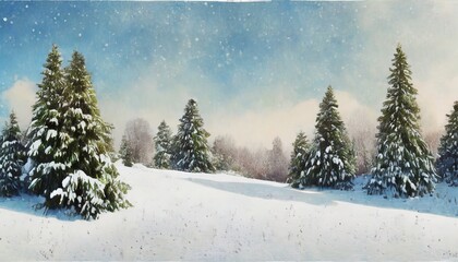 winter landscape with snow and fir trees as vintage christmas wallpaper