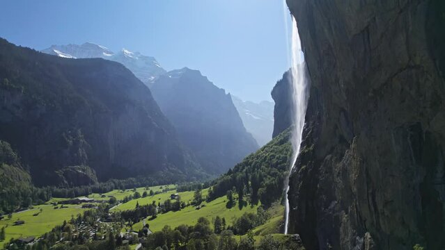 Flight near Staubbach Fall (Staubbachfall) waterfall in Lauterbrunnen, Switzerland