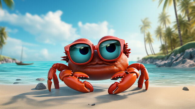 charming red cartoon crab with big expressive eyes donning oversized glasses on a sandy beach