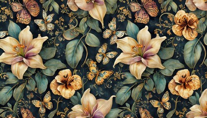 vintage floral seamless wallpaper with skulls lilies butterflies dark mystical botanical background luxurious pattern for the design of fabric paper wallpaper canvas hand drawn 3d illustration - obrazy, fototapety, plakaty