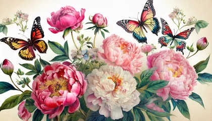 Foto op Plexiglas botanical illustration vintage flower poster beautiful peonies and butterflies manual drawing of beautiful flowers print for interior posters postcards t shirts © Richard