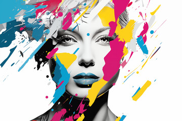 Abstract masterpiece of a woman's face emerged, brought to vivid life through the artistry of CMYK digital printing and design, showcasing beauty in a tapestry of vibrant hues and captivating forms