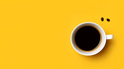 Foto op Plexiglas Top view of coffee cup on yellow and white background, copy space, generative ai © Chaman