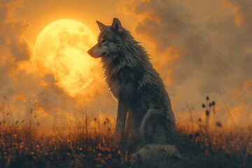 A Wolf in the Radiant Glow of the Orange-Yellow Moon, Seated on a Meadow with the Moon as a Backdrop