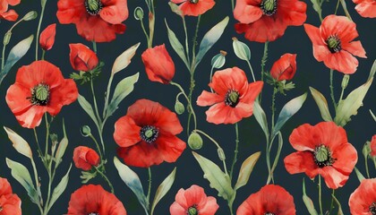 floral seamless pattern with hand drawn watercolor red poppy flowers dark vintage wallpaper luxury botanical background glamor ornament illustration design for fabric wallpaper mural blogging - obrazy, fototapety, plakaty