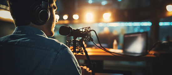 Happy musician recording podcast through microphone in studio