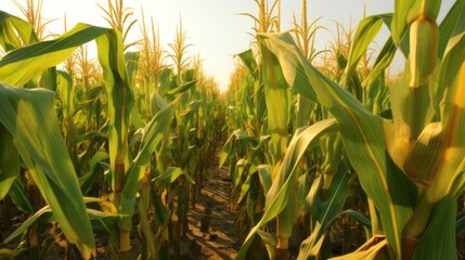 Corn cobs in corn plantation field.
