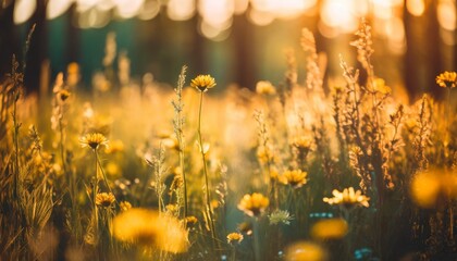 relaxing soft focus sunset field landscape of yellow flowers grass meadow warm golden hour sunset sunrise tranquil spring summer nature closeup and blurred forest background idyllic floral bloom - Powered by Adobe