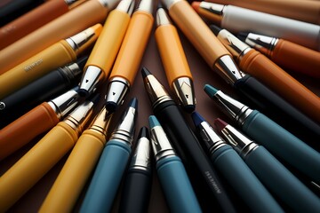 Aerial perspective of a diverse array of school pens on a light orange surface - obrazy, fototapety, plakaty