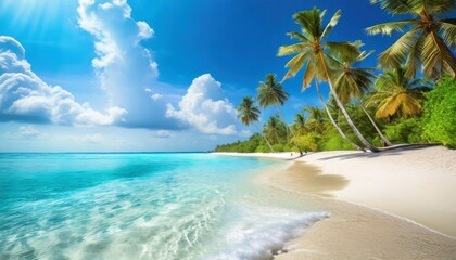 beautiful tropical beach sea waves white sand palm trees turquoise ocean against sunny blue sky...
