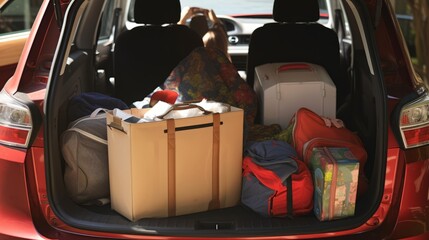 Suitcases in car trunk, preparation for trip. Open car boot packed for family vacation. Travel concept luggage baggage suitcase and other stuff.