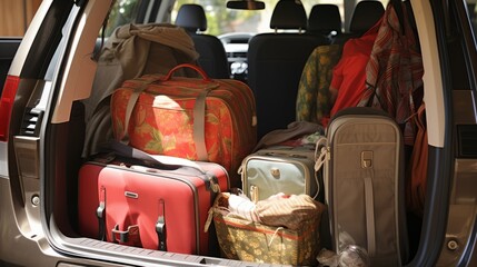 Suitcases in car trunk, preparation for trip. Open car boot packed for family vacation. Travel concept luggage baggage suitcase and other stuff.