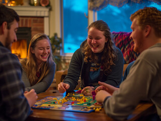 Fototapeta premium Joyful Diverse Group of Friends Playing Board Games in a Cozy Living Room During a Weekend Gathering, A Warm Moment of Friendship, Leisure and Togetherness Captured