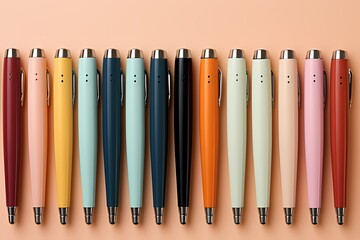 Aesthetic view of a diverse array of school pens against a light pink background - obrazy, fototapety, plakaty