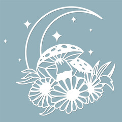 Moon decor laser cut, stylish illustration depicting a cute flower bouquet and mushrooms. Vector design, printing, print, graffiti, tattoo.