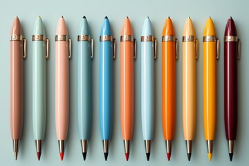 Aesthetic view of a diverse array of school pens against a light blue surface - obrazy, fototapety, plakaty