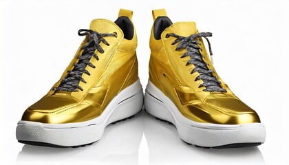 golden sneakers white background isolated closeup gold metal sport shoes luxury running gumshoes fashion yellow metallic fitness boots athletic football footwear winner victory champion symbol