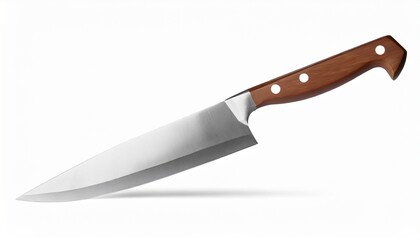 steel knife with brown wooden handle on white background isolated close up big chef knife sharp stainless blade silver metal butcher knife kitchen utensil cutting tool dangerous weapon