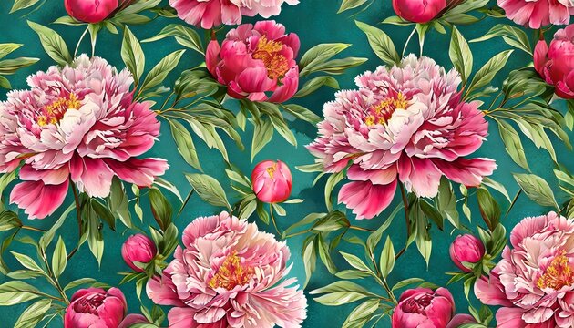 seamless floral pattern with garden pink peony flowers leaves branches botanic tile on a colored background luxury background hand drawn vintage seamless wallpaper for fabric design