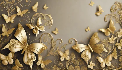 Papier Peint photo Lavable Papillons en grunge wallpaper elegant baroque gold butterflies and floral ornament