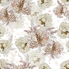 Watercolor seamless pattern with beautiful flowers of roses and peonies. - 708989264