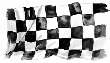 Foto op Canvas closeup of art brush watercolor painting checkered black and white racing flag blown in the wind isolated on white © Richard