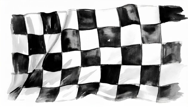 closeup of art brush watercolor painting checkered black and white racing flag blown in the wind isolated on white
