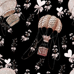 Watercolor seamless pattern with beautiful balloon flowers and heart. - 708989417