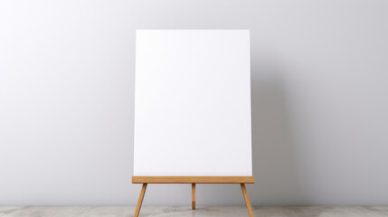 A blank white canvas positioned on a wooden easel against a neutral wall, ready for an artist's touch.