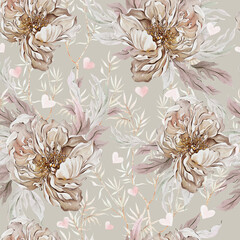Watercolor seamless pattern with beautiful peony flowers, roses, leaves and hearts.