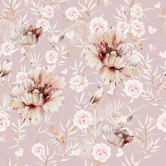 Watercolor seamless pattern with beautiful flowers of peony, roses, leaves. - 708989623