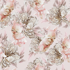 Watercolor floral seamless pattern with rose flowers and elegant bunny.