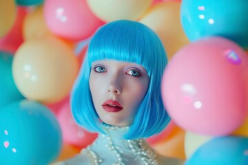 Fototapeta na wymiar futuristic sci-fi blue wig woman with the appearance of a porcelain-like doll or robot, colorful balls in a retro vintage avant-garde style