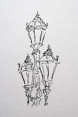 Street lights sketch created with pen with nib and black ink. Black and white illustration on watercolor paper - 708990032