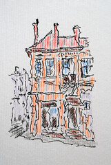 City sketch created with black ink and colored pencils. Color illustration on watercolor paper