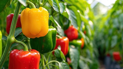 Growing sweet peppers in a greenhouse, photo with perspective. Fresh juicy red green and yellow peppers on the branches close-up. Agriculture - large crop of pepper - obrazy, fototapety, plakaty