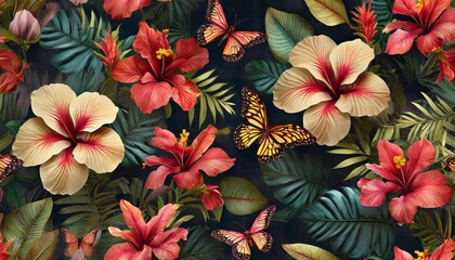 seamless tropical wallpaper with flowers leaves butterflies floral pattern with hibiscus dark vintage botanical background premium 3d illustration luxury design for wallpaper paper clothing